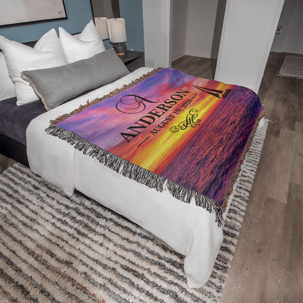 Personalized Sailing Sunset Monogram Woven Blanket Custom Last Name and Date Throw