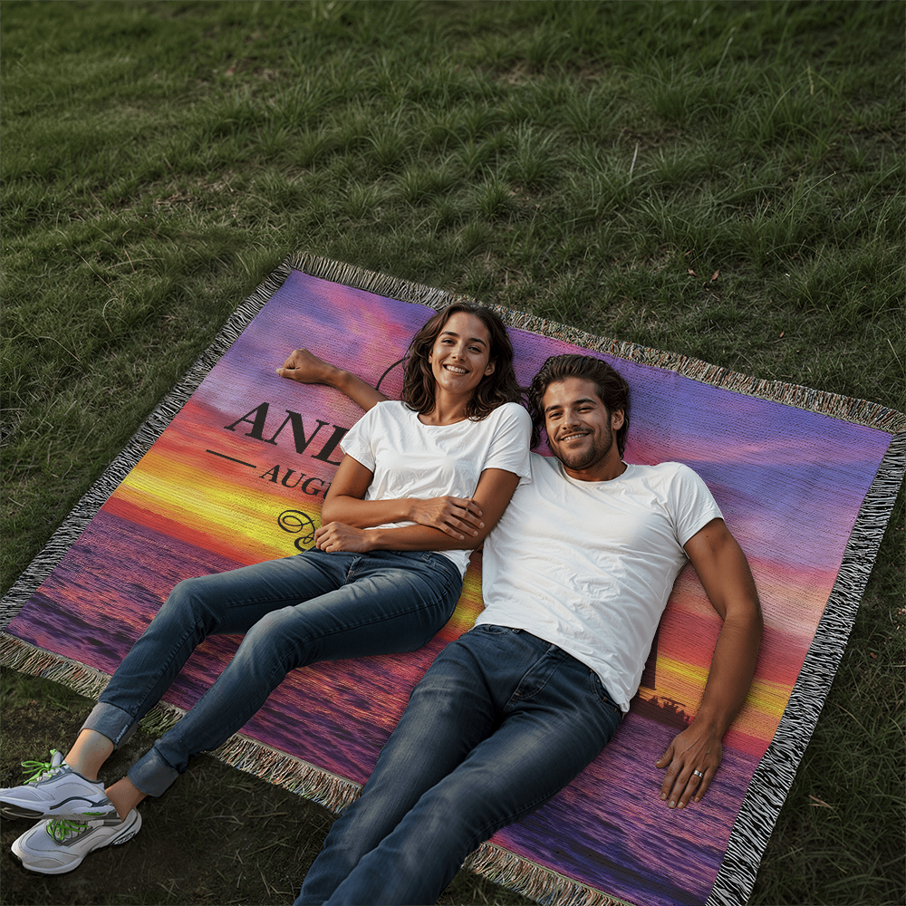 Personalized Sailing Sunset Monogram Woven Blanket Custom Last Name and Date Throw