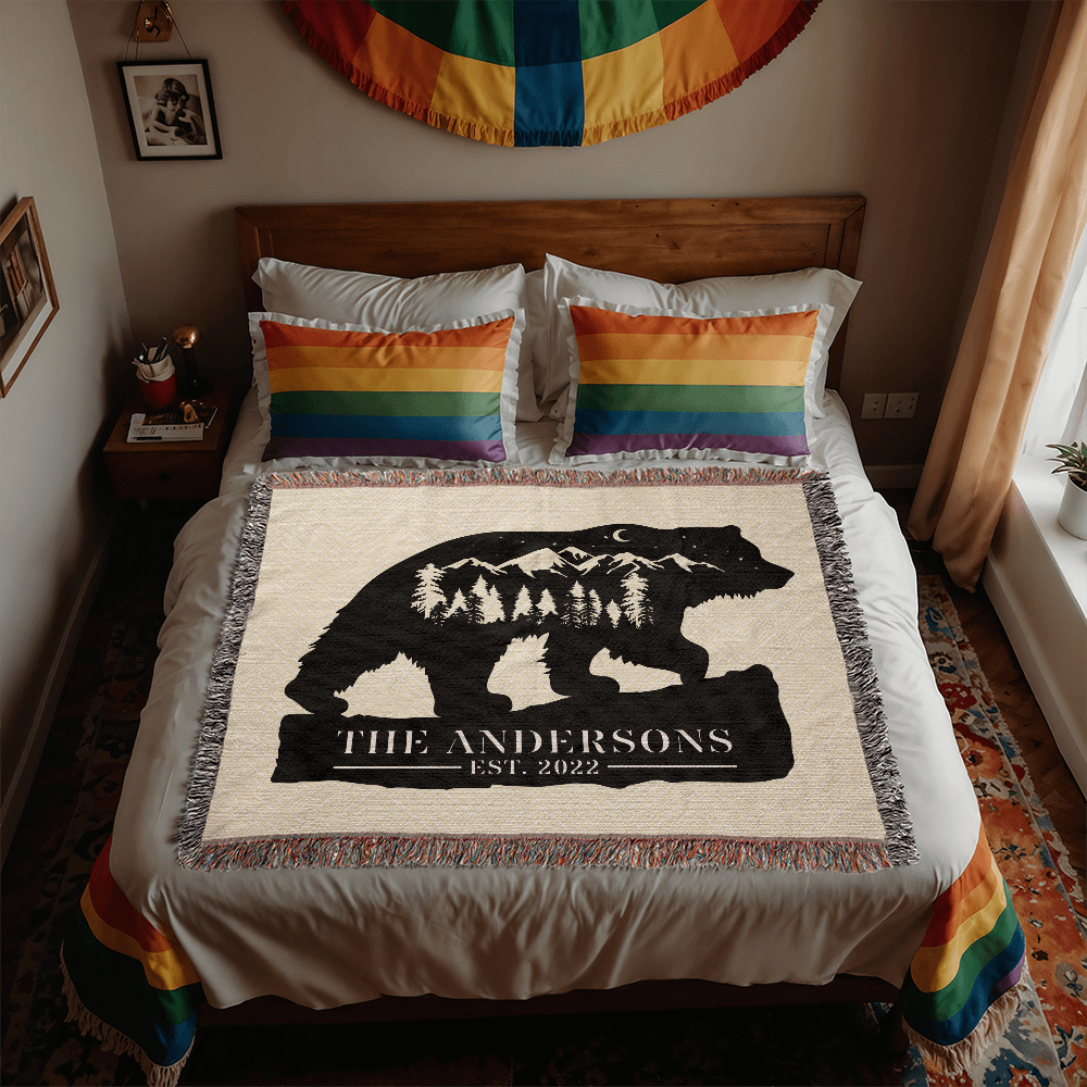 Personalized Grizzly Bear Blanket – Custom Monogram Family Name Throw Gift