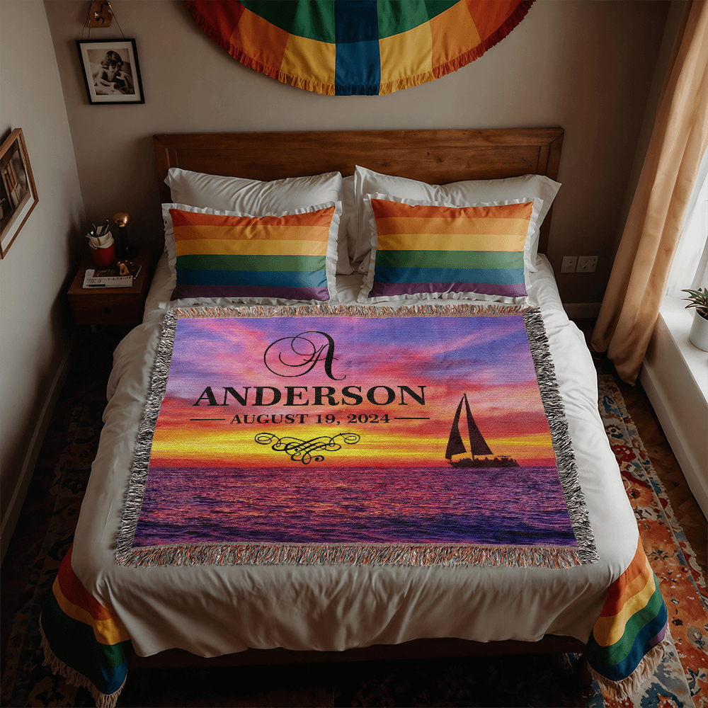 Personalized Sailing Sunset Monogram Woven Blanket Custom Last Name and Date Throw
