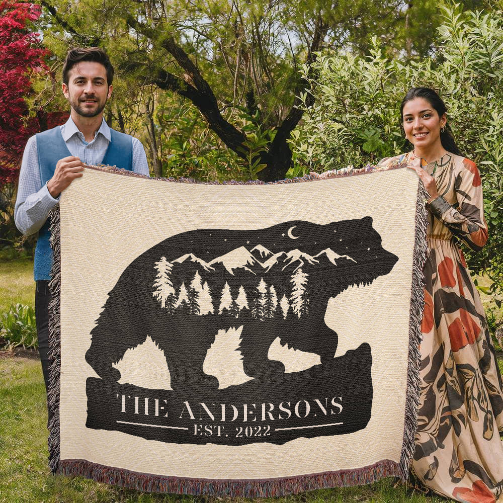 Personalized Grizzly Bear Blanket – Custom Monogram Family Name Throw Gift