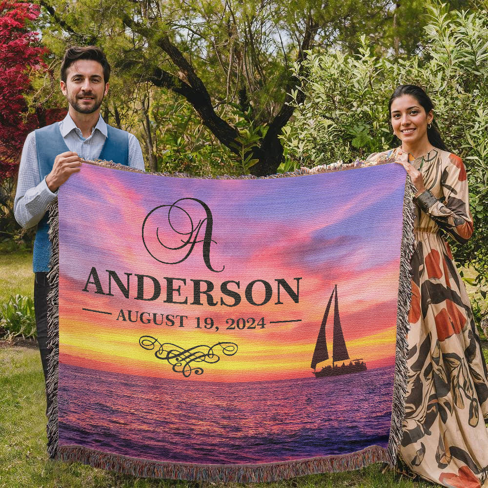 Personalized Sailing Sunset Monogram Woven Blanket Custom Last Name and Date Throw