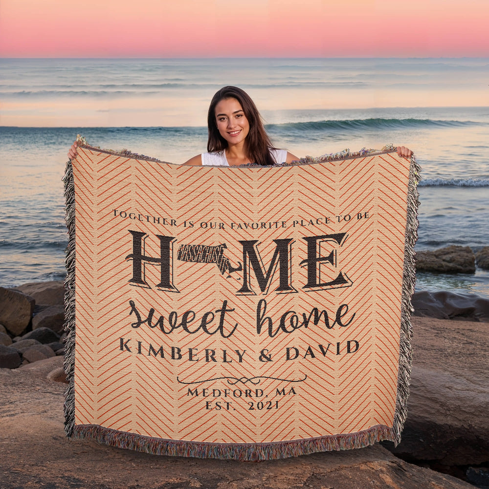Personalized Massachusetts Woven Blanket – Custom Home State Throw with Name & Location