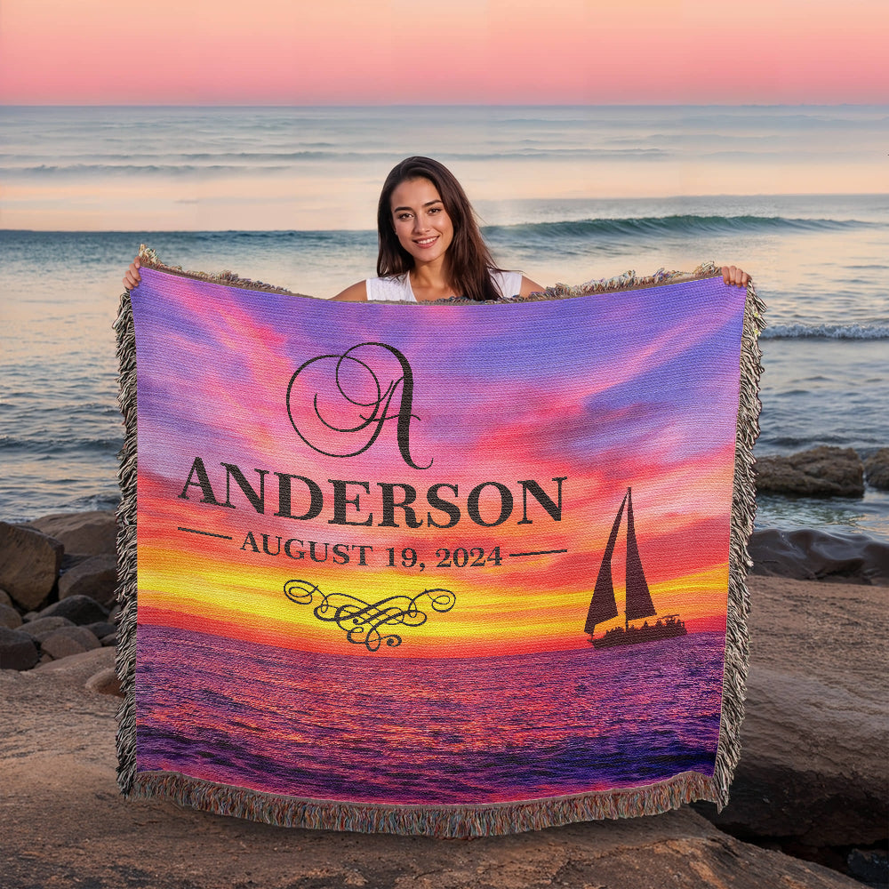 Personalized Sailing Sunset Monogram Woven Blanket Custom Last Name and Date Throw