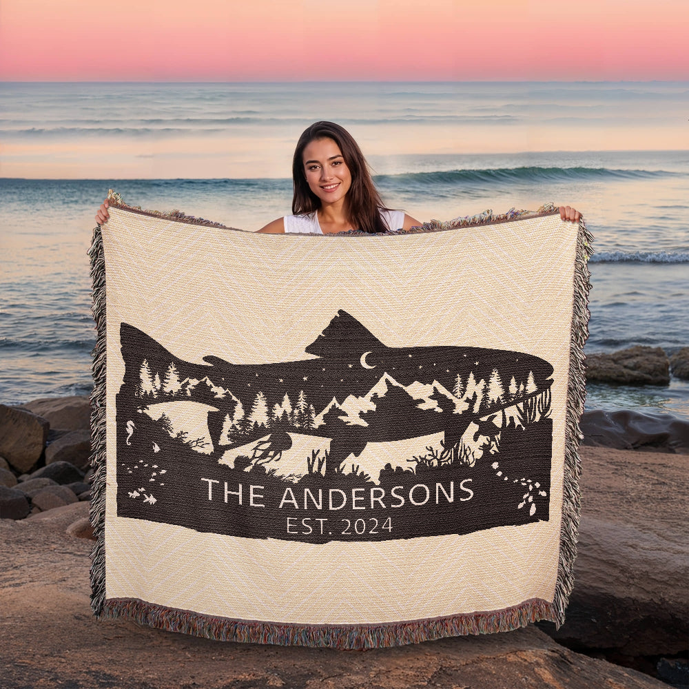 Personalized Salmon Trout Woven Blanket – Custom Monogram Family Name Throw Gift