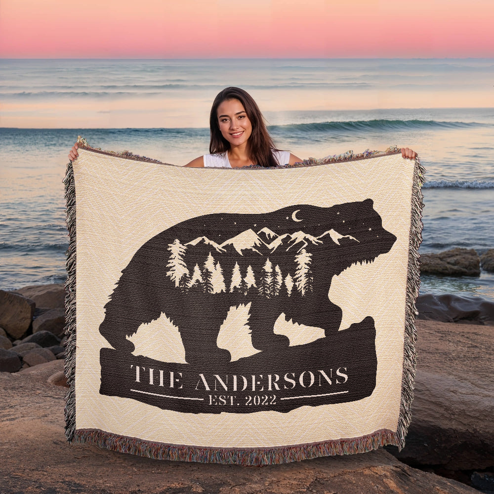 Personalized Grizzly Bear Blanket – Custom Monogram Family Name Throw Gift