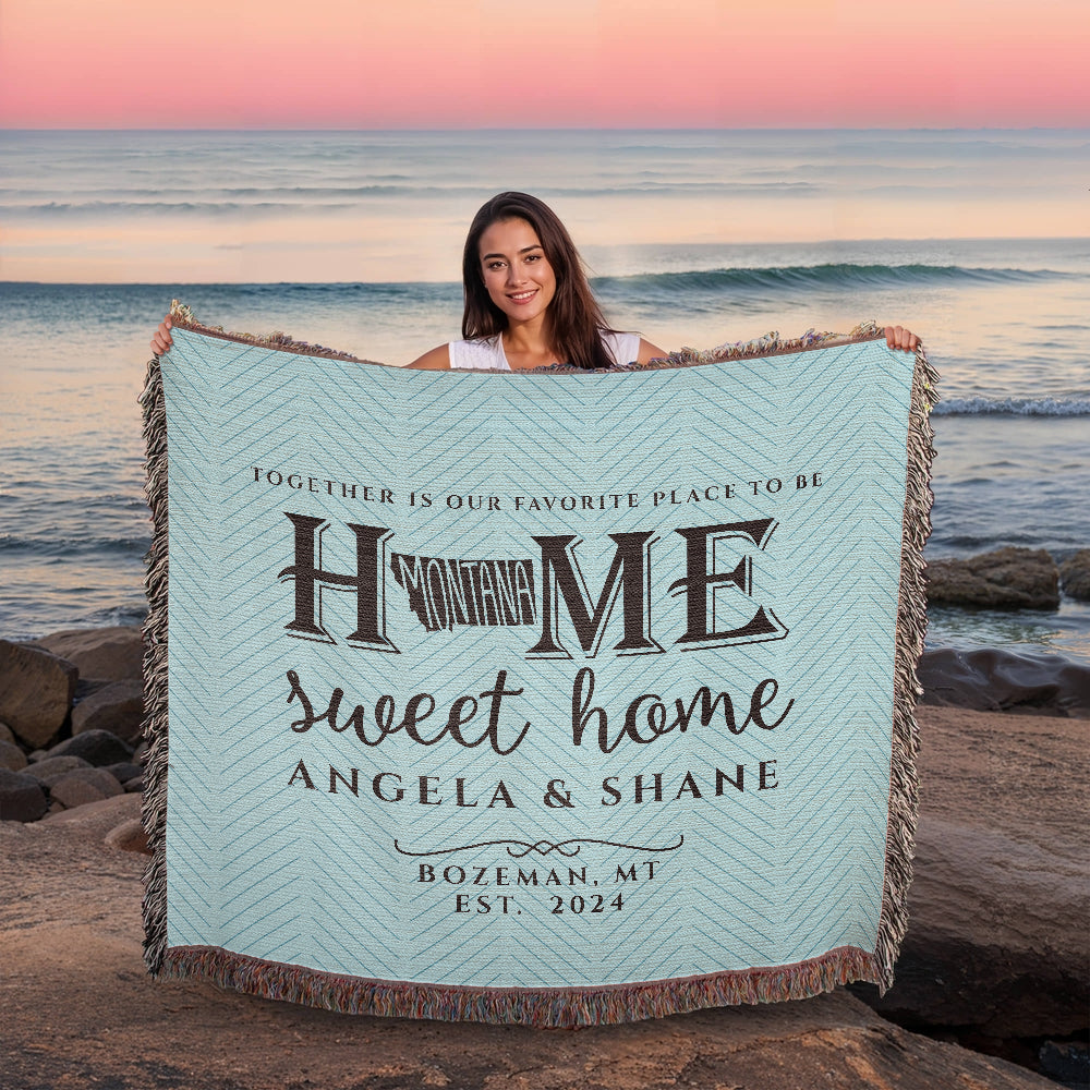 Personalized Montana Woven Blanket – Custom Cotton Throw with Names, City & Date