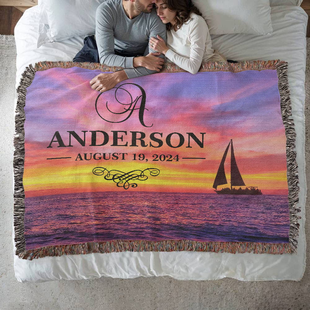 Personalized Sailing Sunset Monogram Woven Blanket Custom Last Name and Date Throw