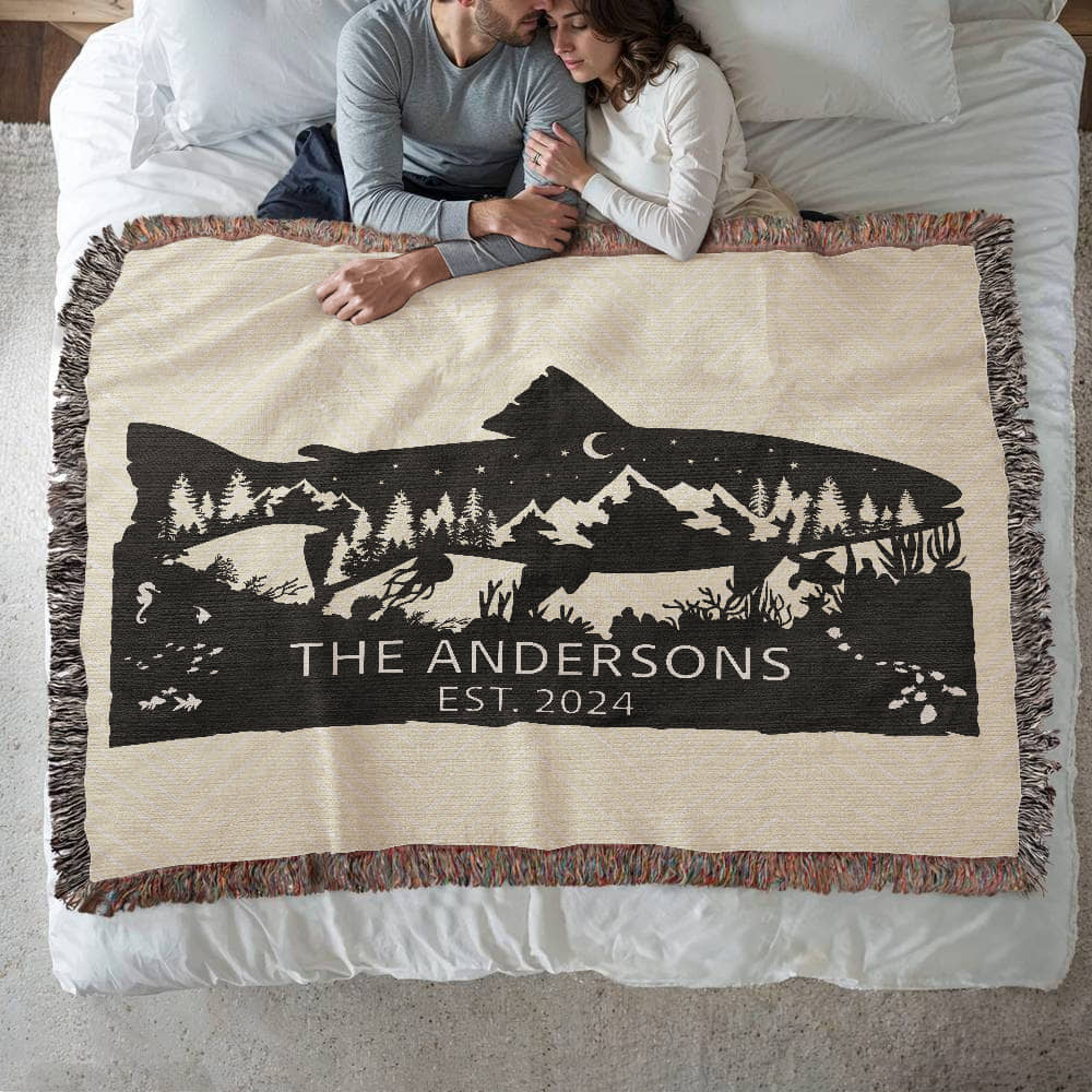 Personalized Salmon Trout Woven Blanket – Custom Monogram Family Name Throw Gift