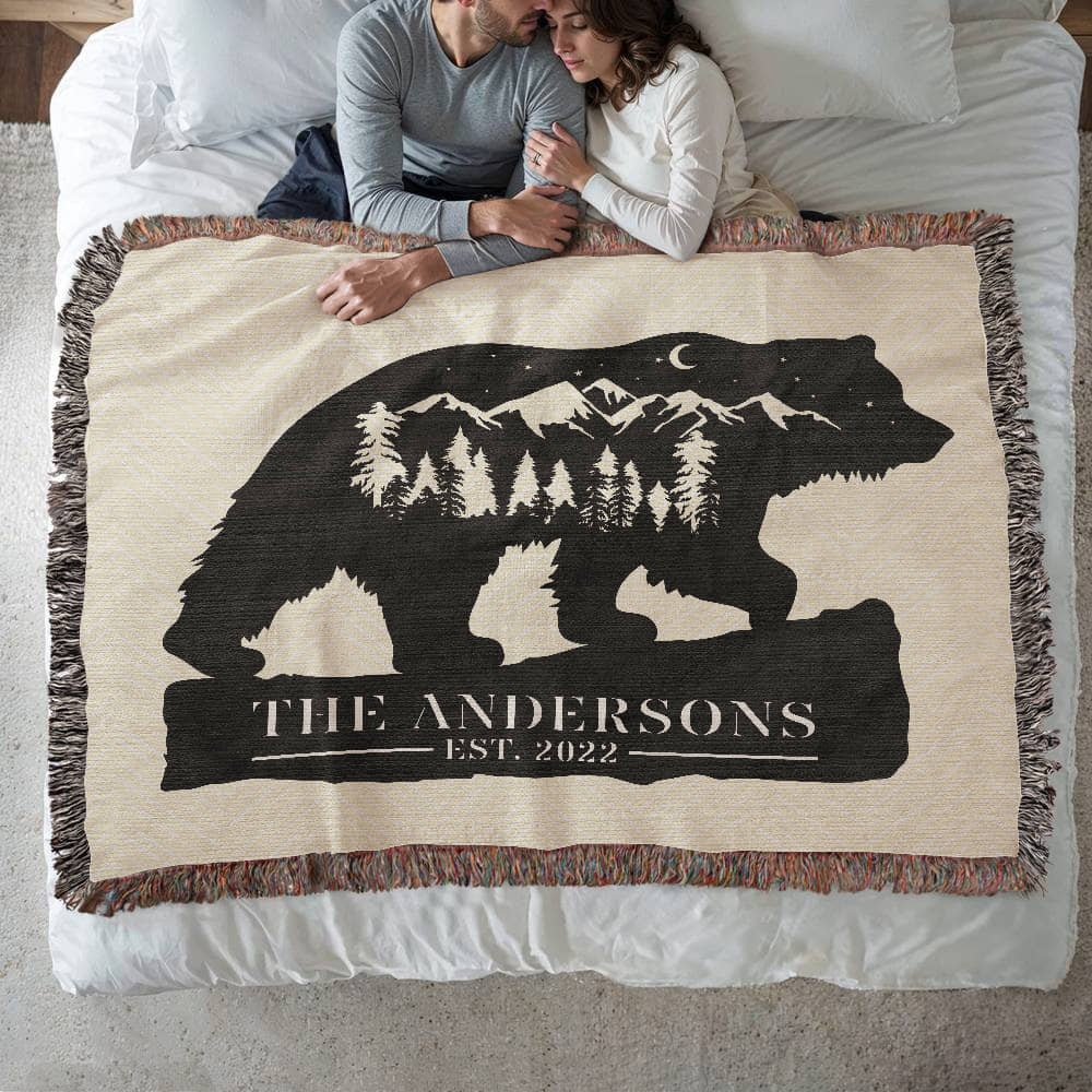 Personalized Grizzly Bear Blanket – Custom Monogram Family Name Throw Gift