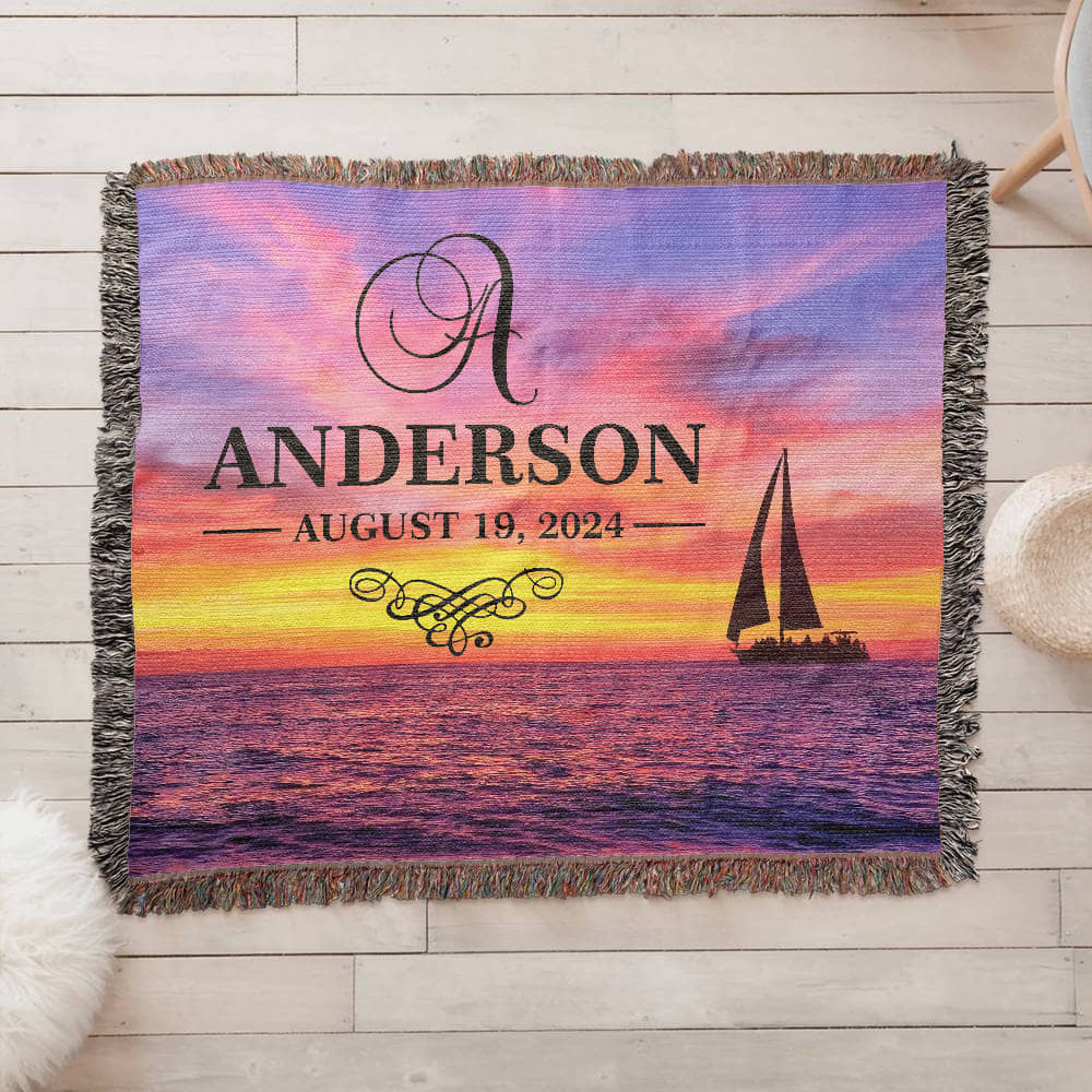 Personalized Sailing Sunset Monogram Woven Blanket Custom Last Name and Date Throw