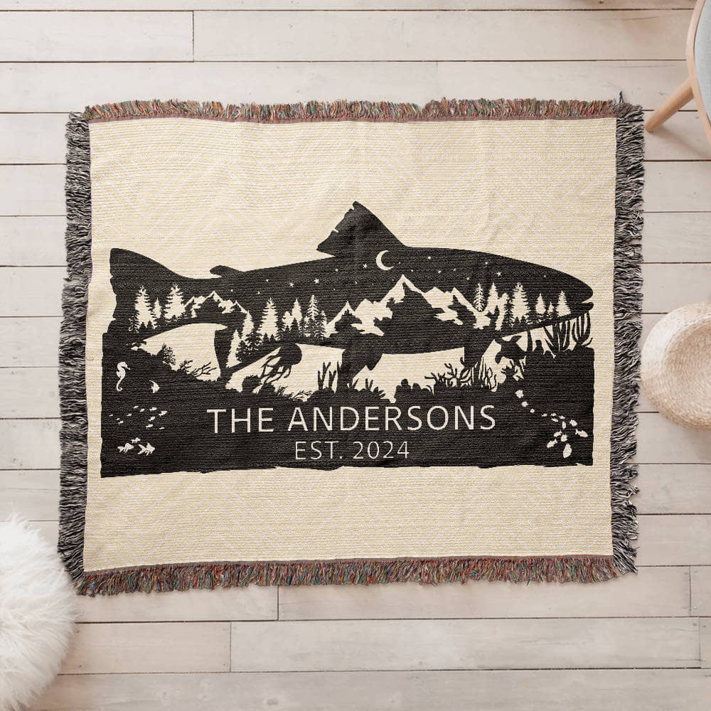 Personalized Salmon Trout Woven Blanket – Custom Monogram Family Name Throw Gift