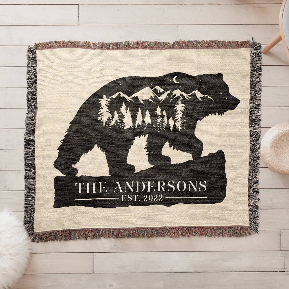 Personalized Grizzly Bear Blanket – Custom Monogram Family Name Throw Gift