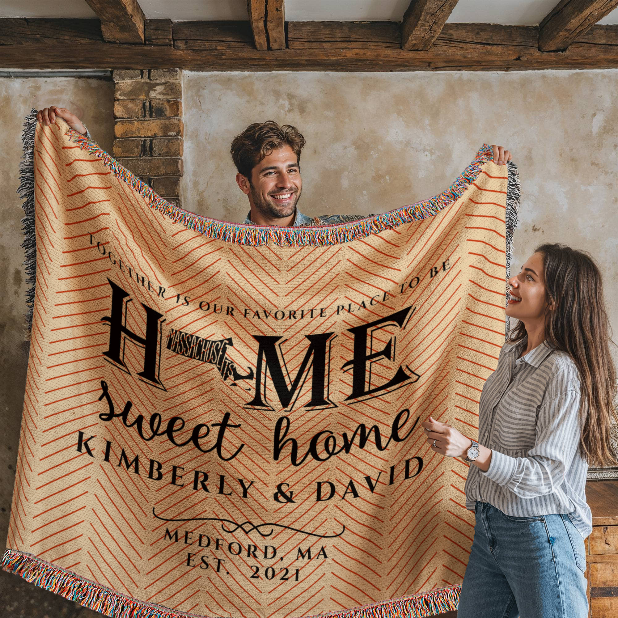 Personalized Massachusetts Woven Blanket – Custom Home State Throw with Name & Location