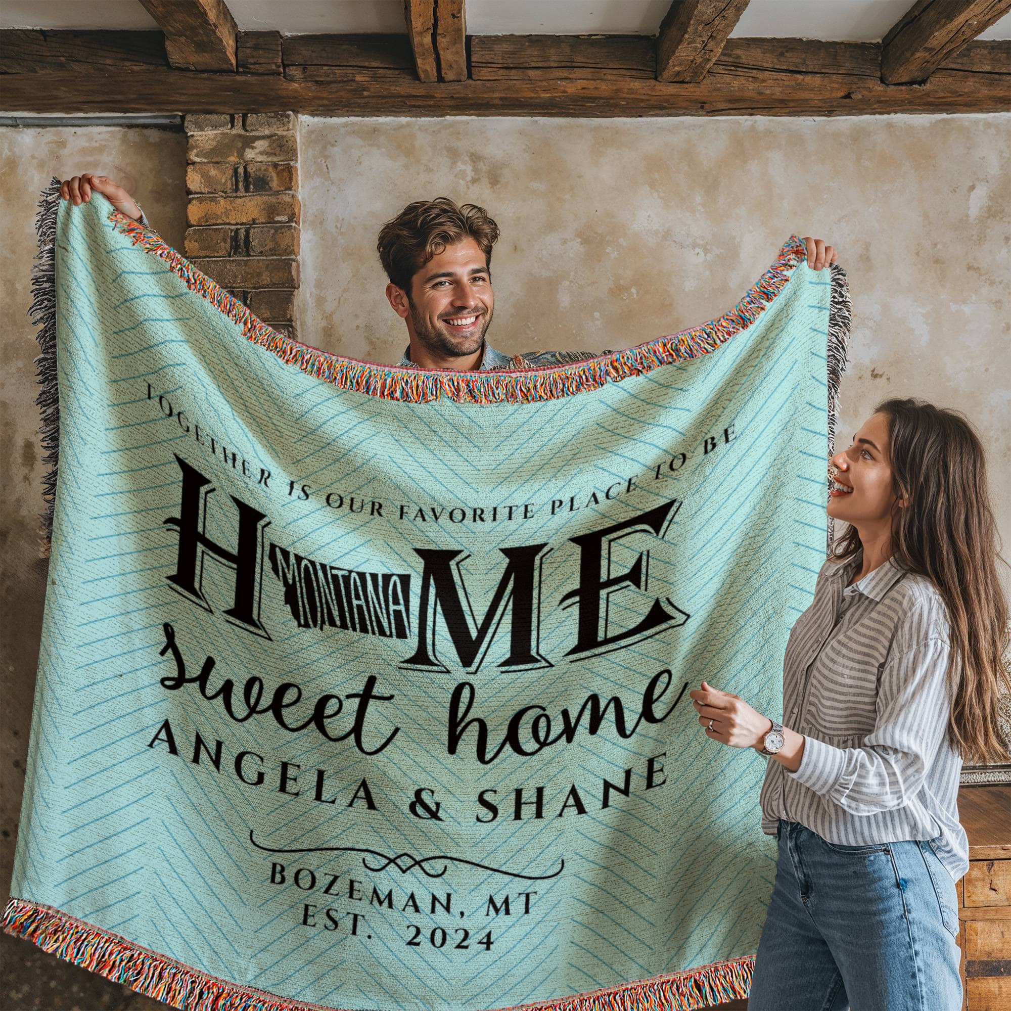Personalized Montana Woven Blanket – Custom Cotton Throw with Names, City & Date