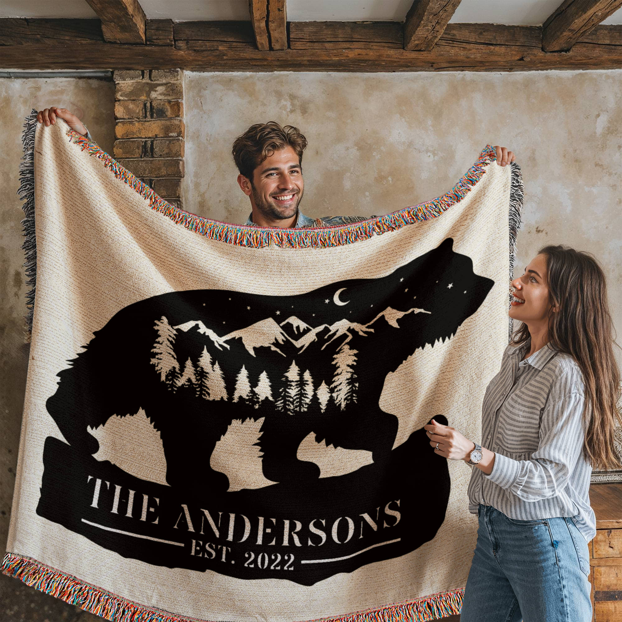 Personalized Grizzly Bear Blanket – Custom Monogram Family Name Throw Gift