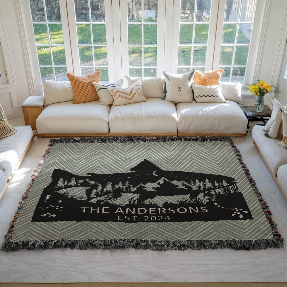 Personalized Salmon Trout Woven Blanket – Custom Monogram Family Name Throw Gift