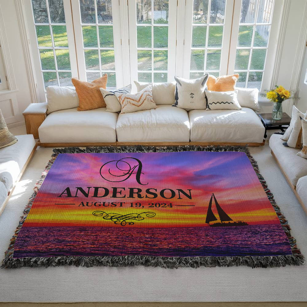 Personalized Sailing Sunset Monogram Woven Blanket Custom Last Name and Date Throw