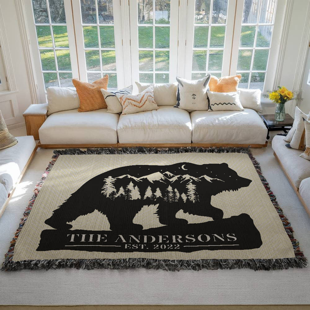 Personalized Grizzly Bear Blanket – Custom Monogram Family Name Throw Gift