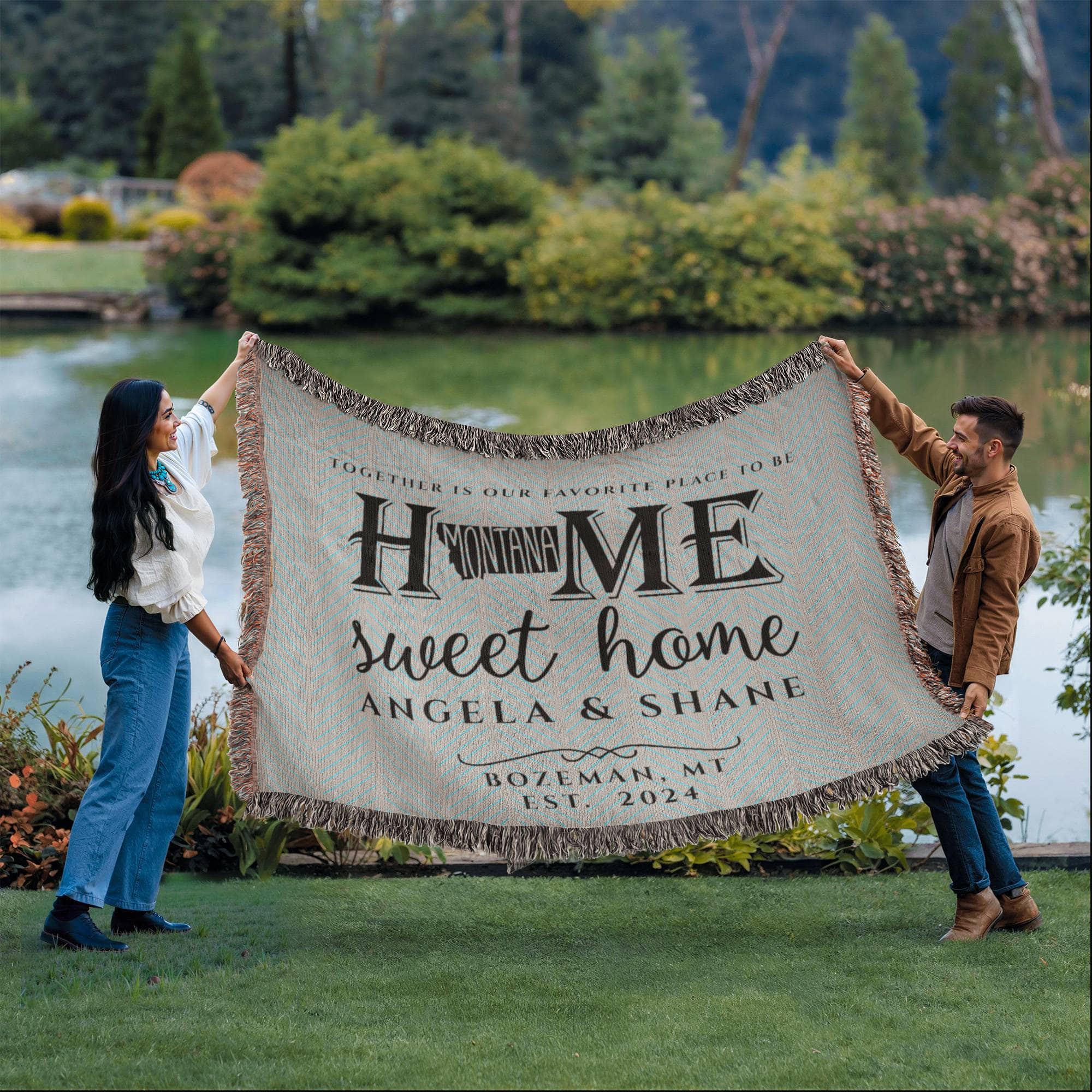 Personalized Montana Woven Blanket – Custom Cotton Throw with Names, City & Date