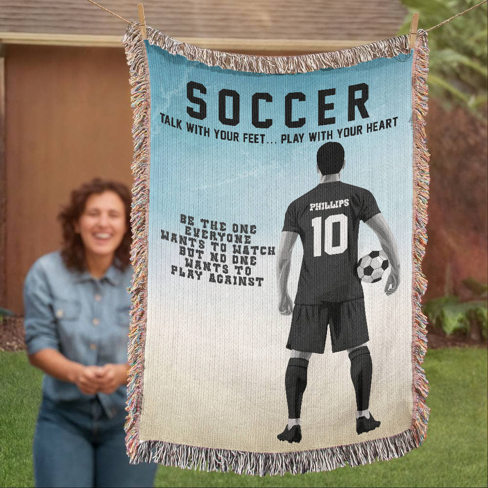 Personalized Boys Soccer Woven Blanket Custom Soccer Gift Throw