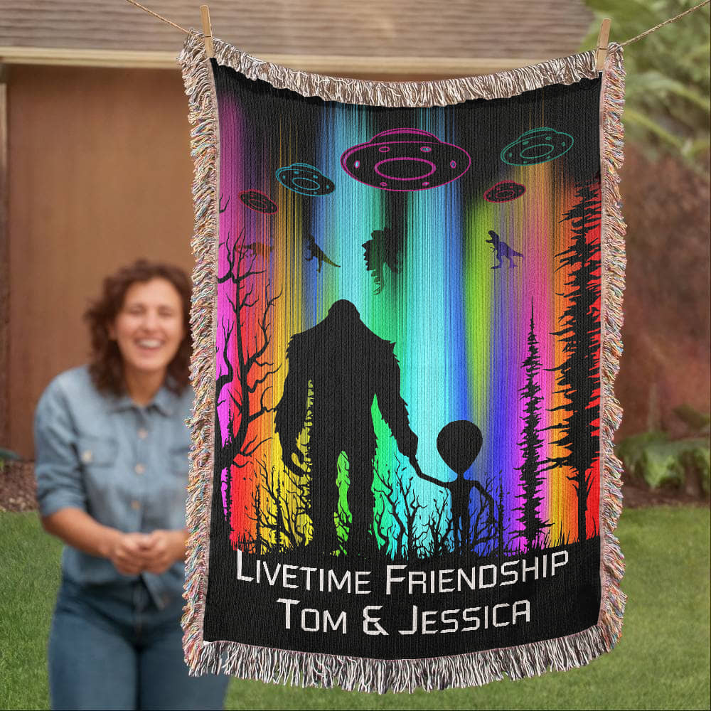 Personalized Bigfoot and Alien Friendship Woven Blanket Custom Gift Throw