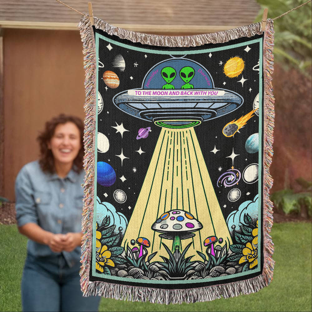 Personalized Alien Couple UFO Woven Blanket Custom Space Gift Throw