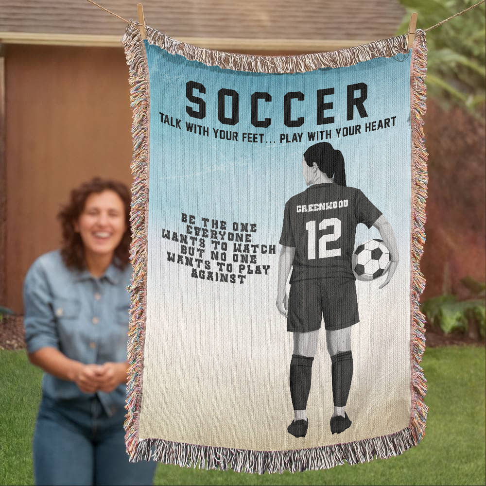 Personalized Girls Soccer Woven Blanket Custom Soccer Gift Throw