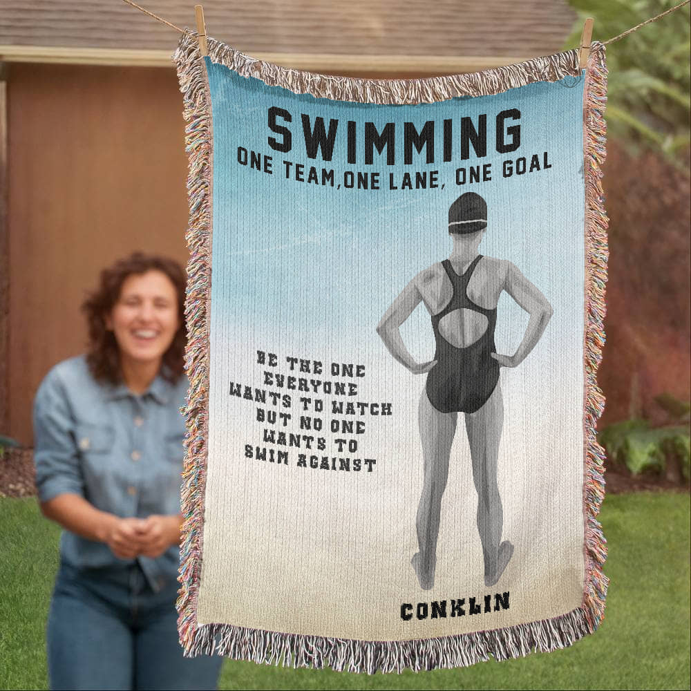 Personalized Girls Swimming Woven Blanket Custom Swimmer Gift Throw