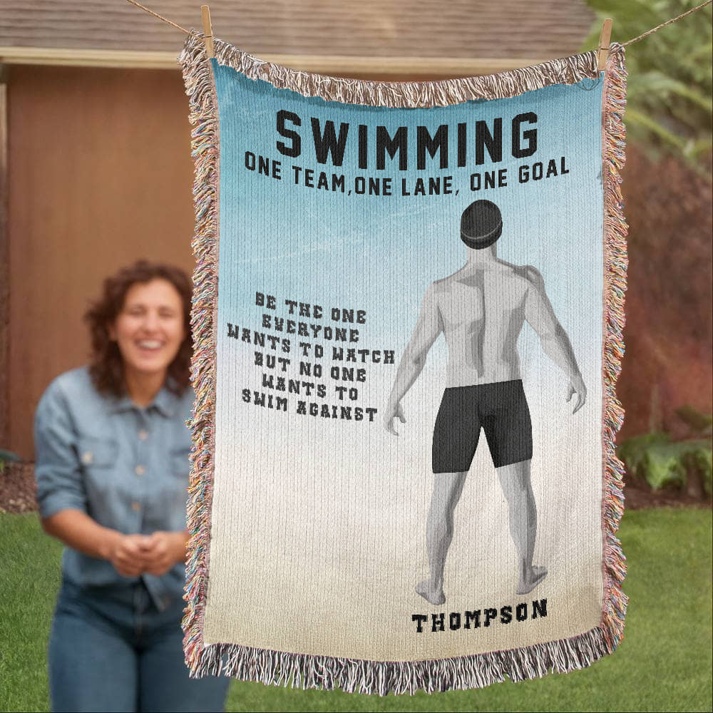 Personalized Boys Swimming Woven Blanket Custom Swimmer Gift Throw