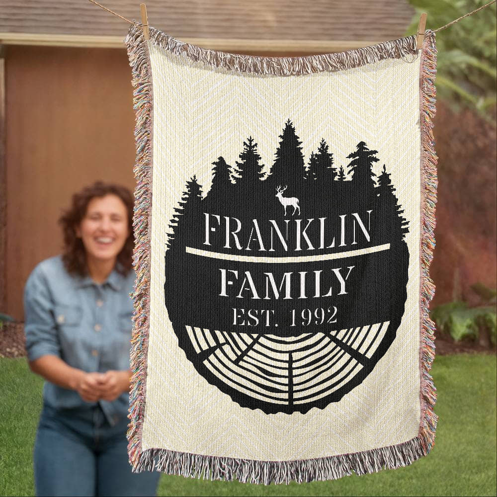 Personalized Tree Rings Family Name Monogram Woven Blanket Throw – Custom Home Gift