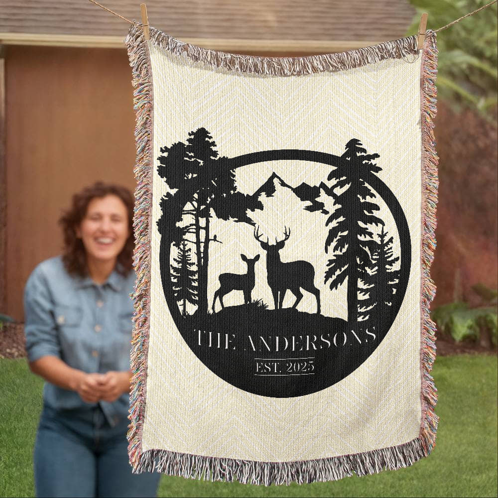 Personalized Deer Mountain Monogram Woven Blanket Throw – Custom Family Name and Year