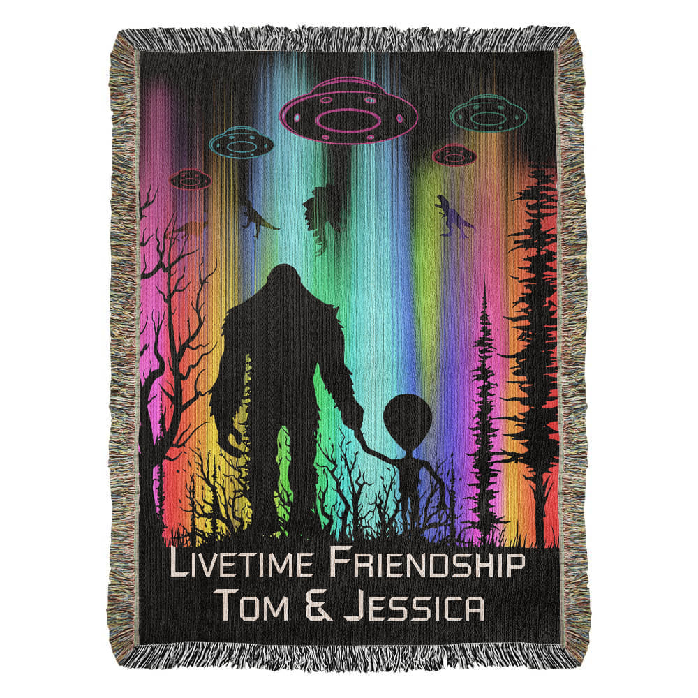 Personalized Bigfoot and Alien Friendship Woven Blanket Custom Gift Throw