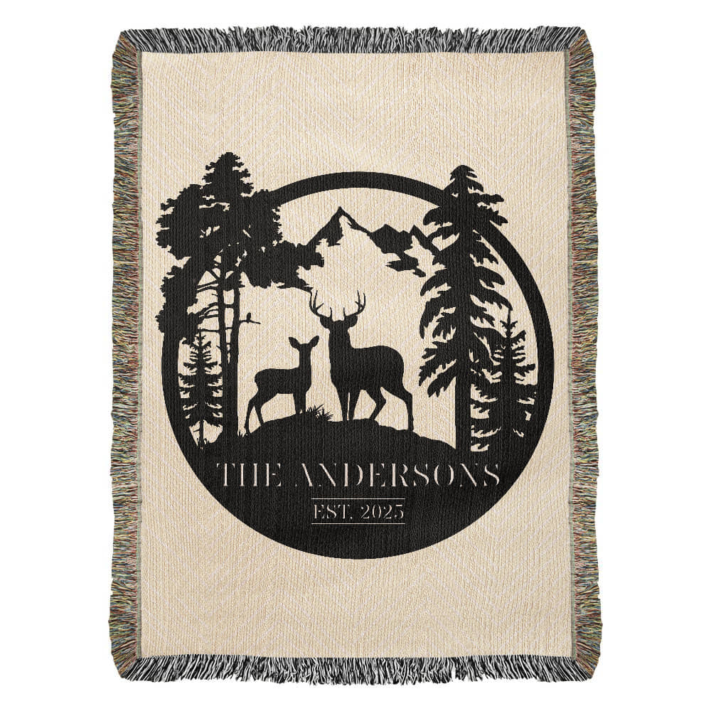 Personalized Deer Mountain Monogram Woven Blanket Throw – Custom Family Name and Year