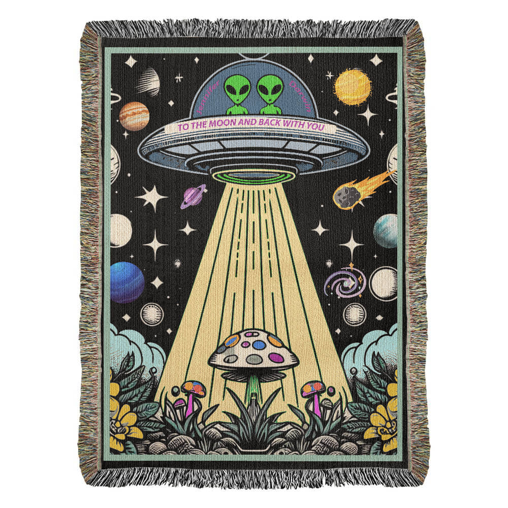 Personalized Alien Couple UFO Woven Blanket Custom Space Gift Throw