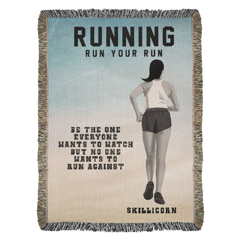 A woven blanket with a graphic of a runner from behind, with the text 'RUNNING RUN YOUR RUN' and 'SKILLCORN'.
