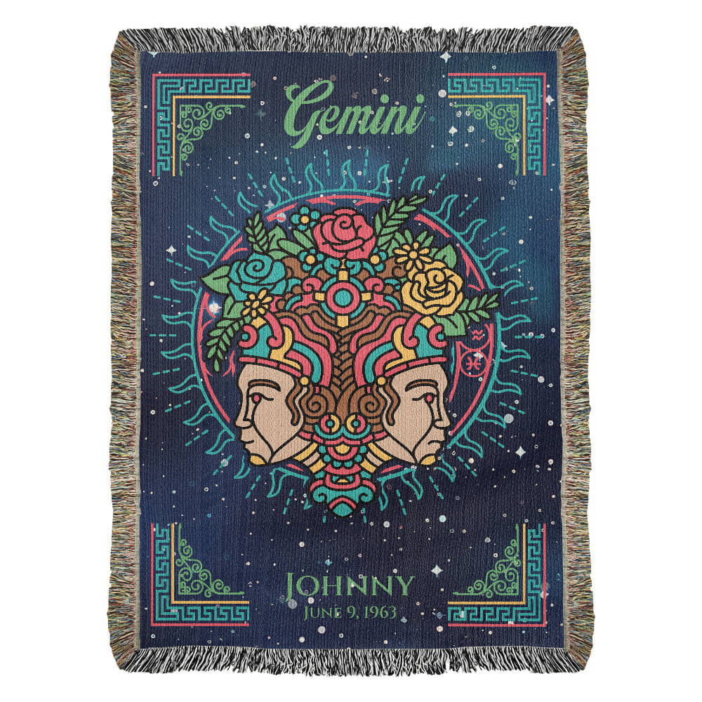 A personalized woven blanket with a Gemini zodiac sign design, featuring a person's name, date, and a decorative border with fringe.