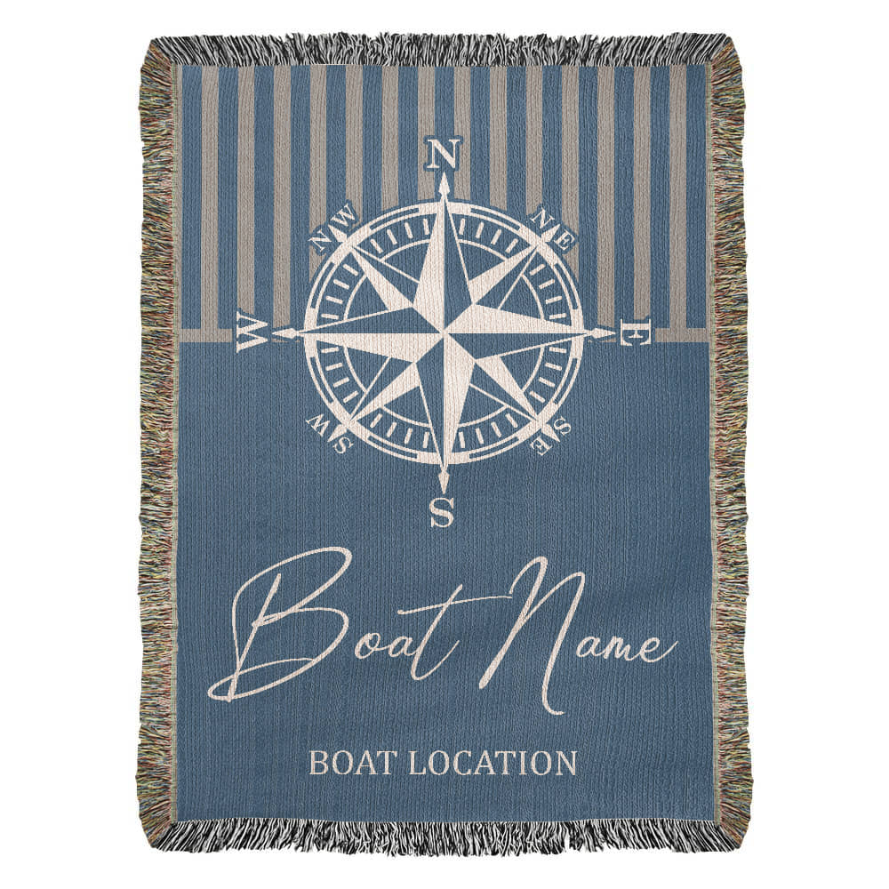 Personalized Nautical Compass Woven Blanket Custom Boat Name and Location Throw