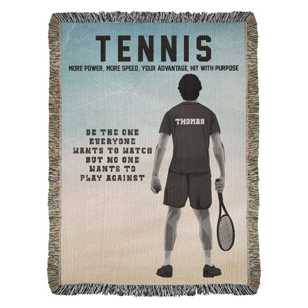 A woven blanket with a tennis theme, featuring a silhouette of a tennis player and the text 'TEennis more power, more speed, your advantage. Hit with purpose' along with the name 'Thomas' on the player's shirt.