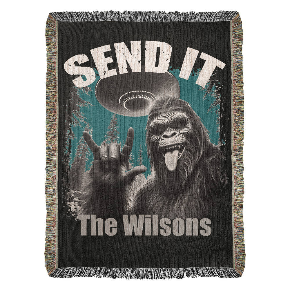 Personalized Bigfoot “Send It” Woven Blanket Custom Funny Gift Throw