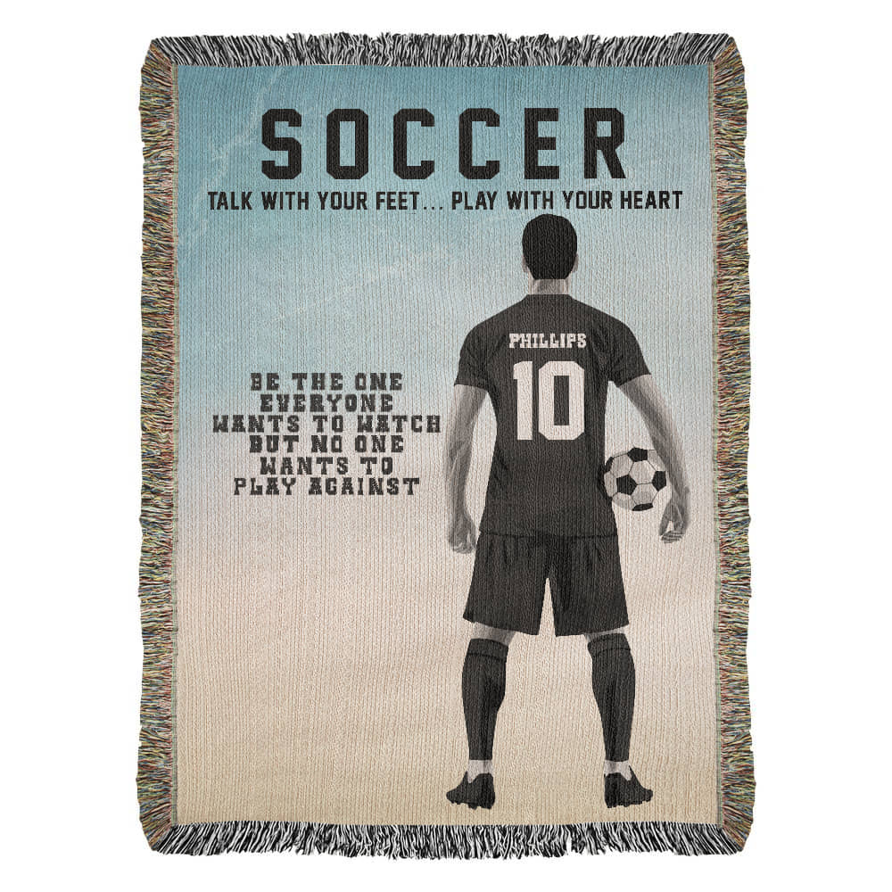 A personalized woven blanket with a soccer theme, featuring a player on the front and the text 'Soccer', 'Talk with your feet.