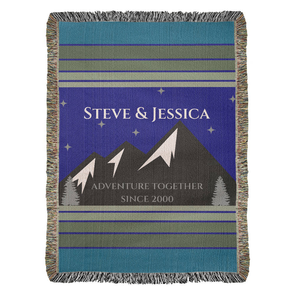 Personalized Mountain Adventure Woven Blanket Custom Couples Camping Gift Throw