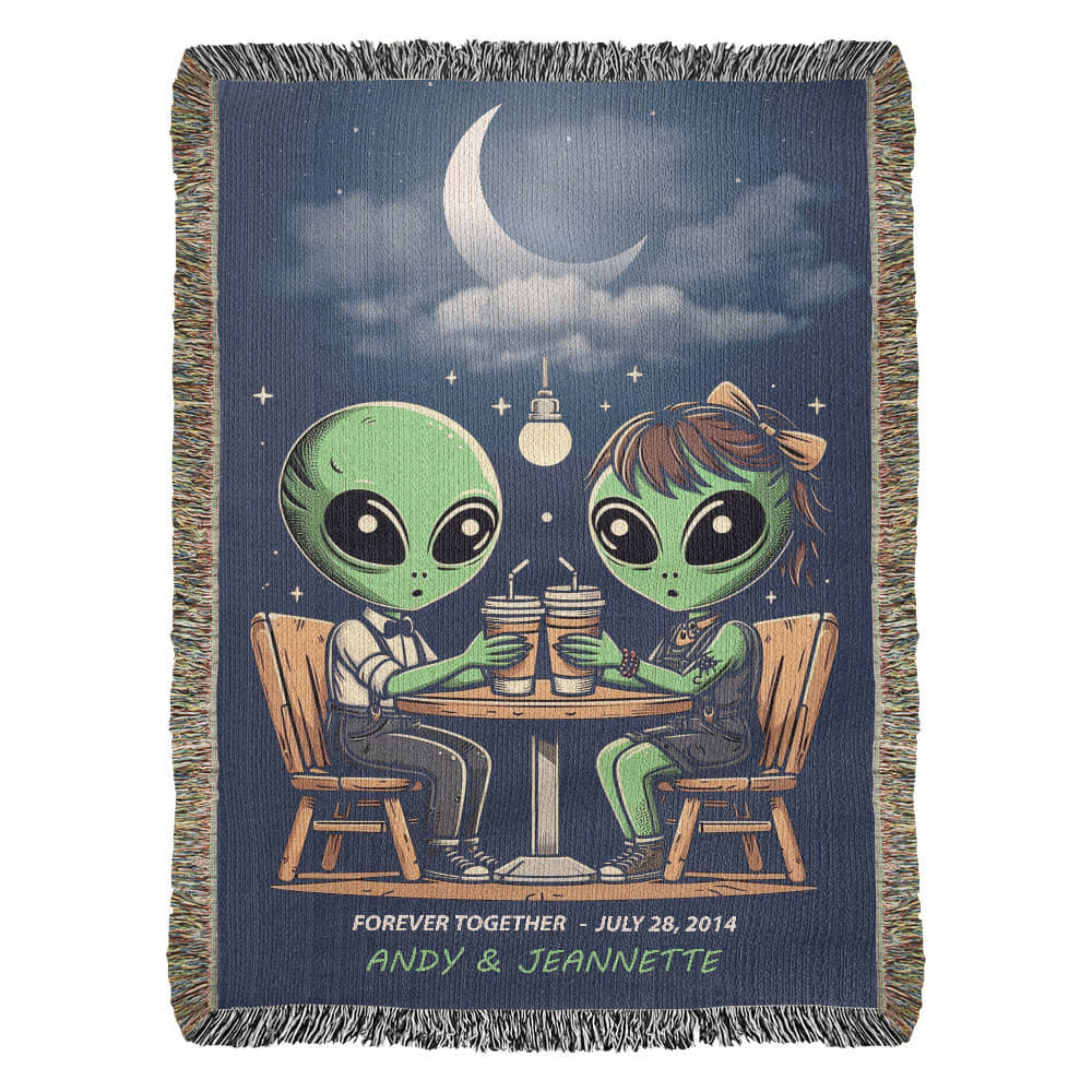Personalized Alien Couple Coffee Shop Woven Blanket Custom Romantic Gift Throw