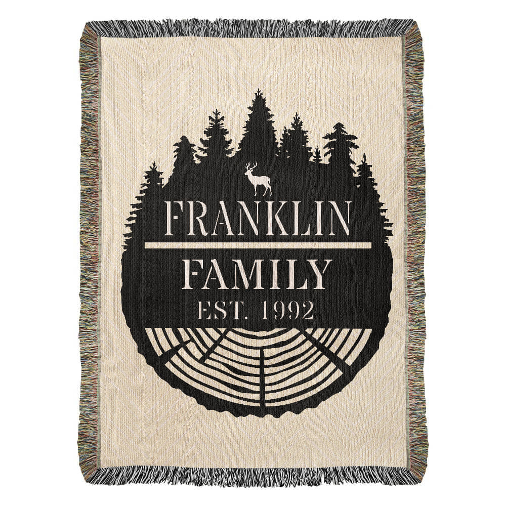 Personalized Tree Rings Family Name Monogram Woven Blanket Throw – Custom Home Gift