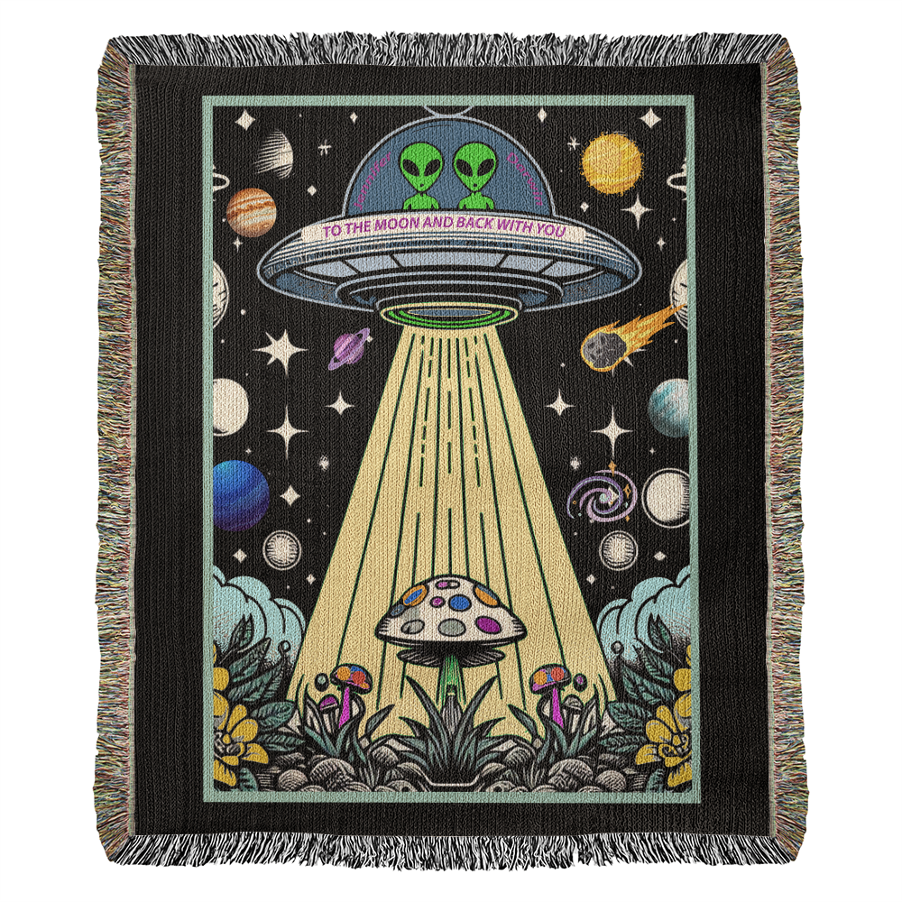Personalized Alien Couple UFO Woven Blanket Custom Space Gift Throw