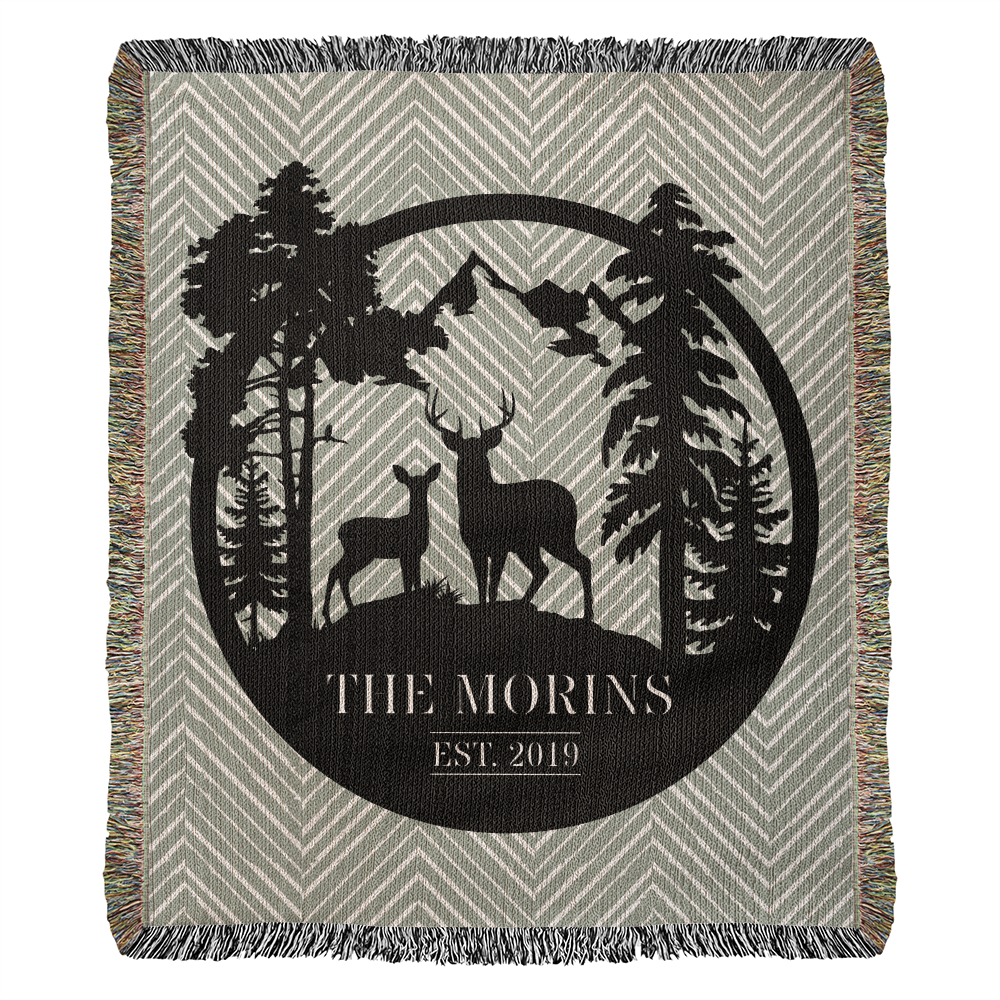 Personalized Deer Mountain Monogram Woven Blanket Throw – Custom Family Name and Year