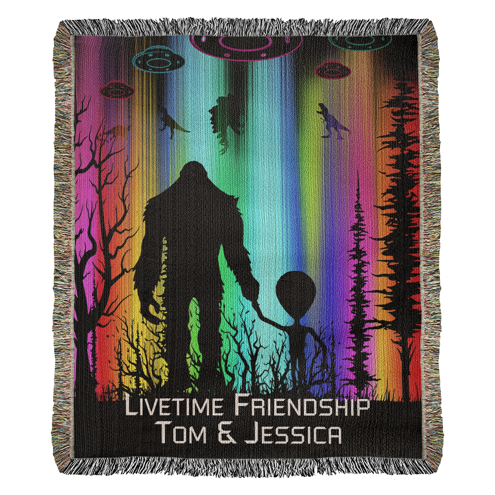 Personalized Bigfoot and Alien Friendship Woven Blanket Custom Gift Throw