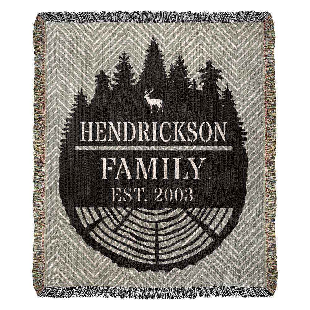 Personalized Tree Rings Family Name Monogram Woven Blanket Throw – Custom Home Gift