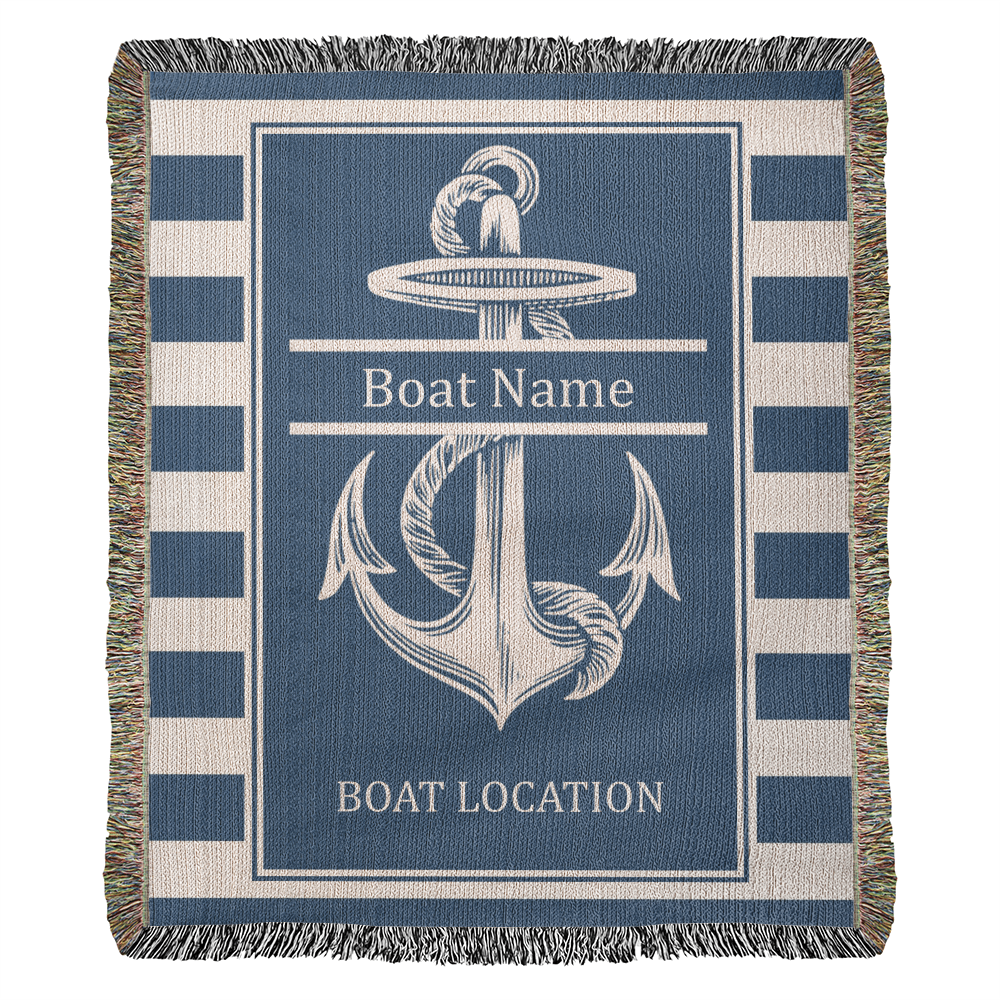 Personalized Anchor Woven Blanket  Custom Boat Name Location Throw
