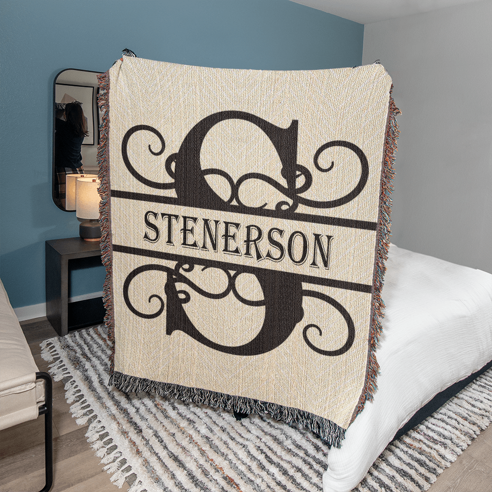 Personalized Swirled Monogram Family Name Woven Blanket Throw – Custom Home Gift